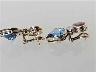 14K Yellow Gold Heavy Blue Topaz Garnet Diamond Omega Earrings